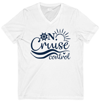 On Cruise Control Shirt - Fun Nautical Cruise Vacation Apparel Tee (V-Neck) in White - On Cruise Control Shirt - Playful Nautical Sun and Waves Design