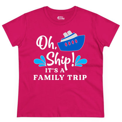 Family Cruise Shirt - Funny Cruise Trip Tee for Vacation Groups (Ladies Tee) in Heliconia - Oh Ship Funny Family Cruise Trip Shirt Nautical Vacation Design