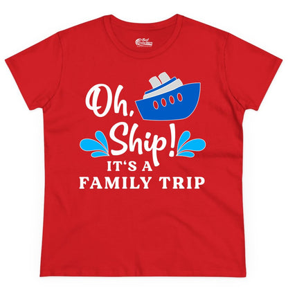 Family Cruise Shirt - Funny Cruise Trip Tee for Vacation Groups (Ladies Tee) in Red - Oh Ship Funny Family Cruise Trip Shirt Nautical Vacation Design