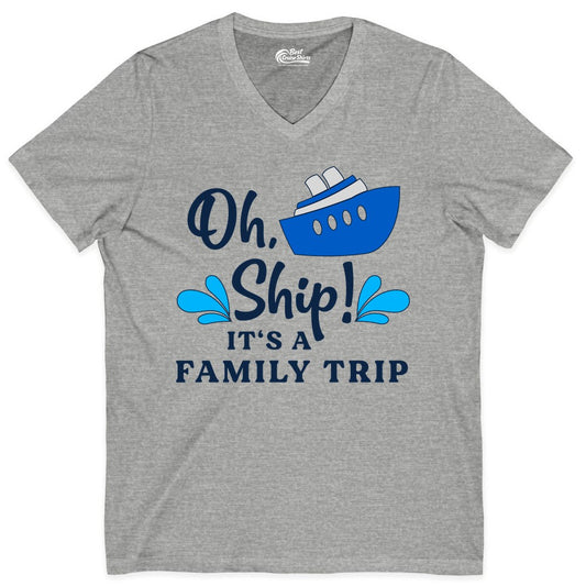 Family Cruise Shirt - Funny Cruise Trip Tee for Vacation Groups (V-Neck) in Athletic Heather - Oh Ship Funny Family Cruise Trip Shirt Nautical Vacation Design