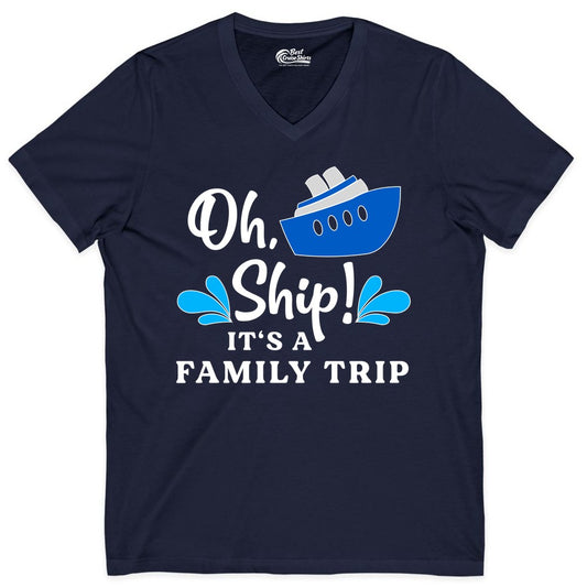 Family Cruise Shirt - Funny Cruise Trip Tee for Vacation Groups (V-Neck) in Navy - Oh Ship Funny Family Cruise Trip Shirt Nautical Vacation Design