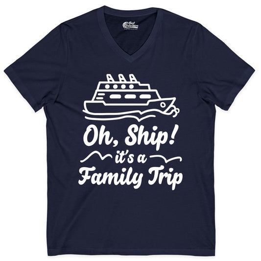 Family Cruise Shirts - Funny Cruise Trip Shirts for Family Vacation (V-Neck) in Navy - Oh Ship Its a Family Trip Cruise Vacation Matching Shirt