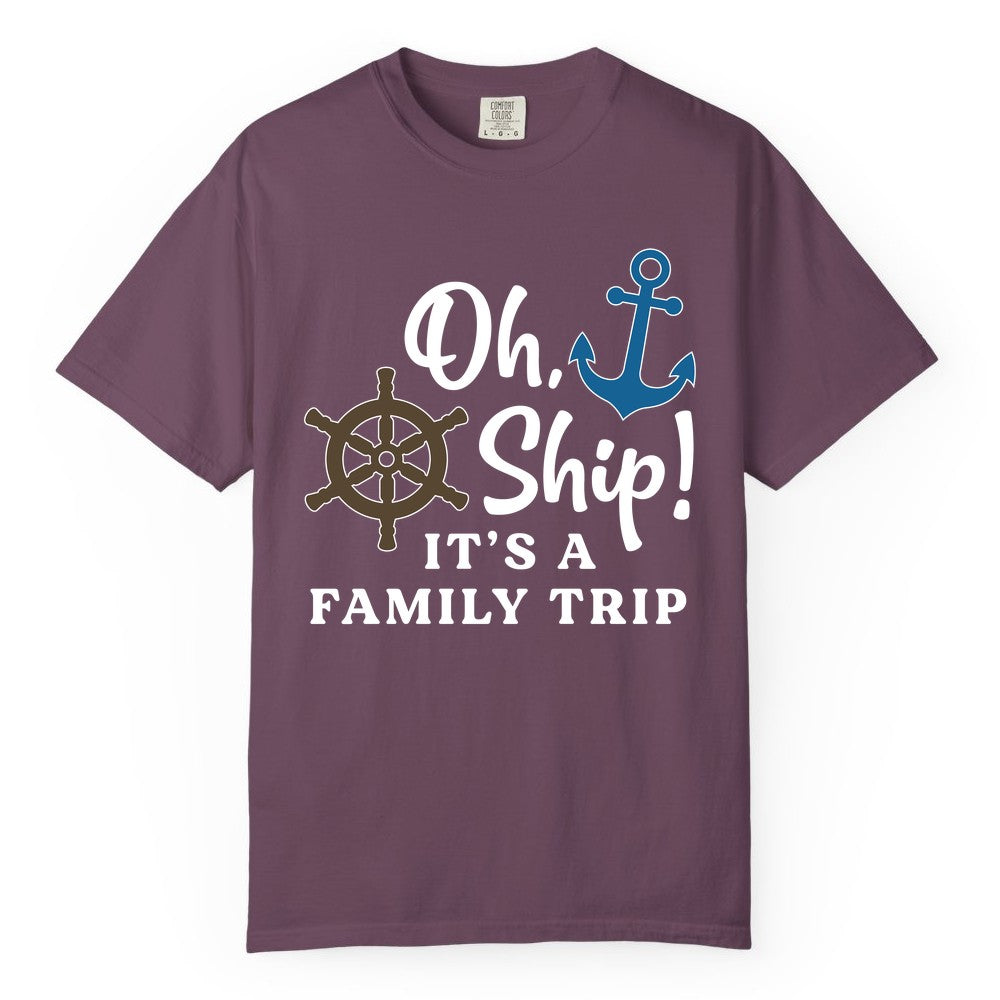 Family Cruise Shirt - Nautical Cruise Vacation Shirt for Families (Comfort Color) in Berry - Oh Ship It’s a Family Trip Nautical Cruise Shirt with Marine Icons