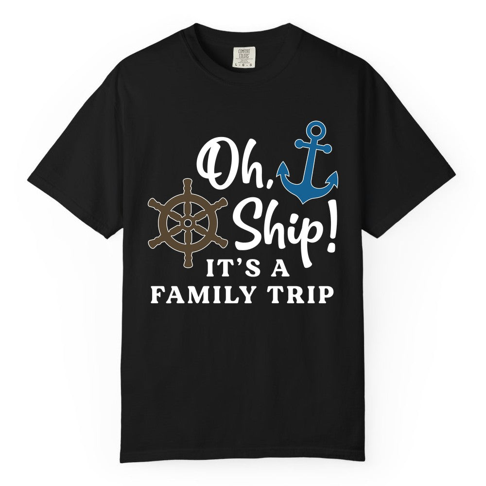 Family Cruise Shirt - Nautical Cruise Vacation Shirt for Families (Comfort Color) in Black - Oh Ship It’s a Family Trip Nautical Cruise Shirt with Marine Icons