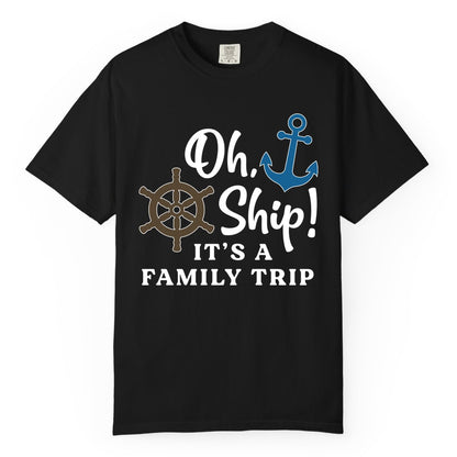 Family Cruise Shirt - Nautical Cruise Vacation Shirt for Families (Comfort Color) in Black - Oh Ship It’s a Family Trip Nautical Cruise Shirt with Marine Icons