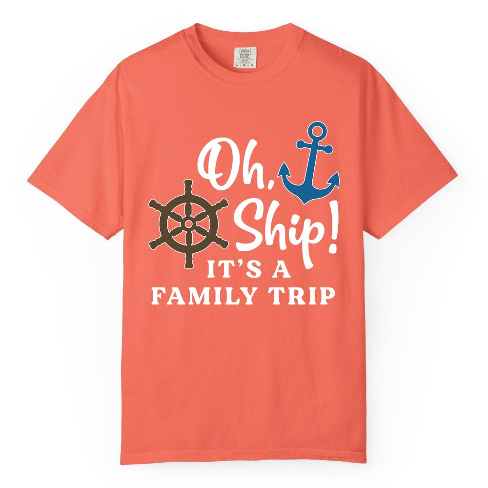 Family Cruise Shirt - Nautical Cruise Vacation Shirt for Families (Comfort Color) in Bright Salmon - Oh Ship It’s a Family Trip Nautical Cruise Shirt with Marine Icons