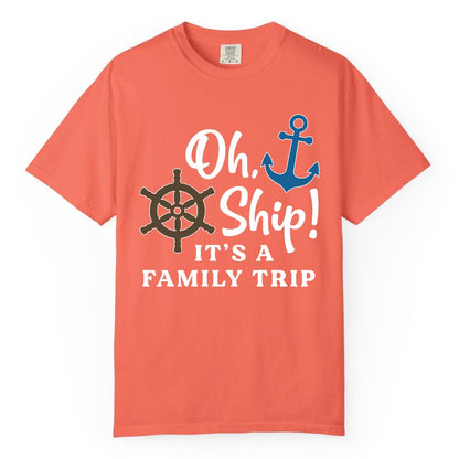 Family Cruise Shirt - Nautical Cruise Vacation Shirt for Families (Comfort Color) in Bright Salmon - Oh Ship It’s a Family Trip Nautical Cruise Shirt with Marine Icons