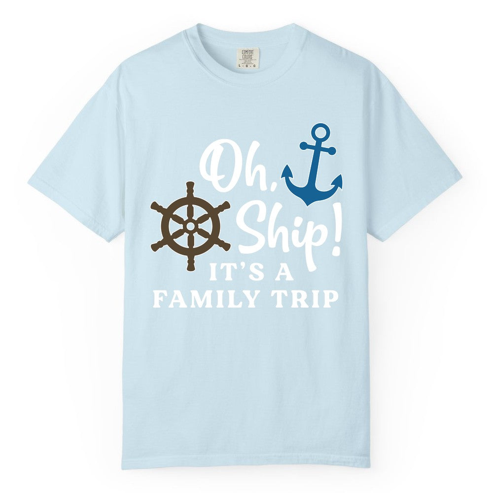 Family Cruise Shirt - Nautical Cruise Vacation Shirt for Families (Comfort Color) in Chambray - Oh Ship It’s a Family Trip Nautical Cruise Shirt with Marine Icons