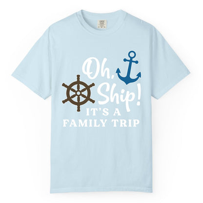 Family Cruise Shirt - Nautical Cruise Vacation Shirt for Families (Comfort Color) in Chambray - Oh Ship It’s a Family Trip Nautical Cruise Shirt with Marine Icons