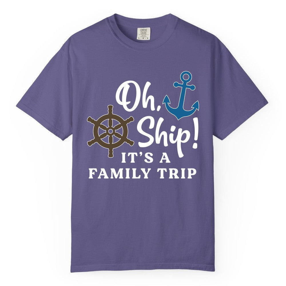 Family Cruise Shirt - Nautical Cruise Vacation Shirt for Families (Comfort Color) in Grape - Oh Ship It’s a Family Trip Nautical Cruise Shirt with Marine Icons