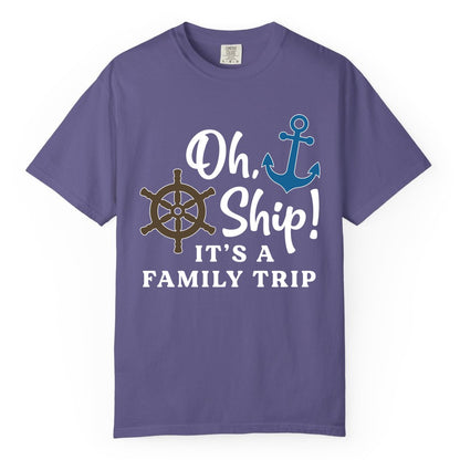 Family Cruise Shirt - Nautical Cruise Vacation Shirt for Families (Comfort Color) in Grape - Oh Ship It’s a Family Trip Nautical Cruise Shirt with Marine Icons