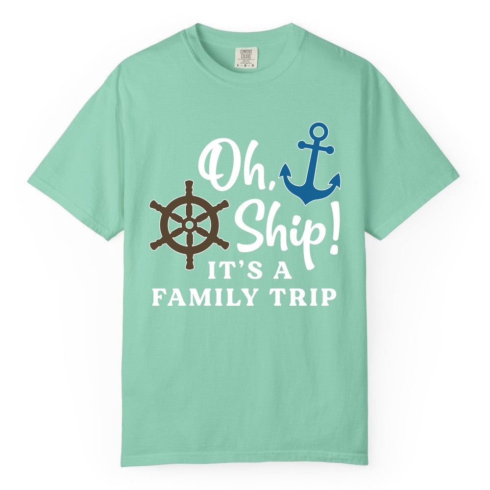 Family Cruise Shirt - Nautical Cruise Vacation Shirt for Families (Comfort Color) in Island Reef - Oh Ship It’s a Family Trip Nautical Cruise Shirt with Marine Icons