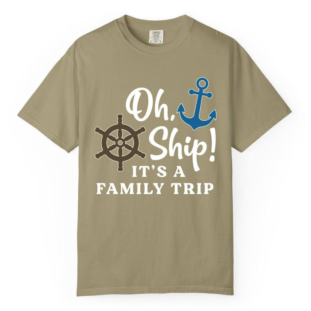 Family Cruise Shirt - Nautical Cruise Vacation Shirt for Families (Comfort Color) in Khaki - Oh Ship It’s a Family Trip Nautical Cruise Shirt with Marine Icons