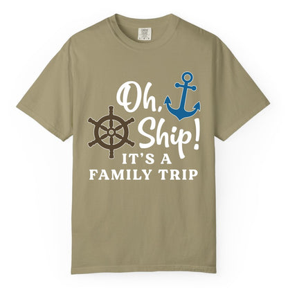 Family Cruise Shirt - Nautical Cruise Vacation Shirt for Families (Comfort Color) in Khaki - Oh Ship It’s a Family Trip Nautical Cruise Shirt with Marine Icons