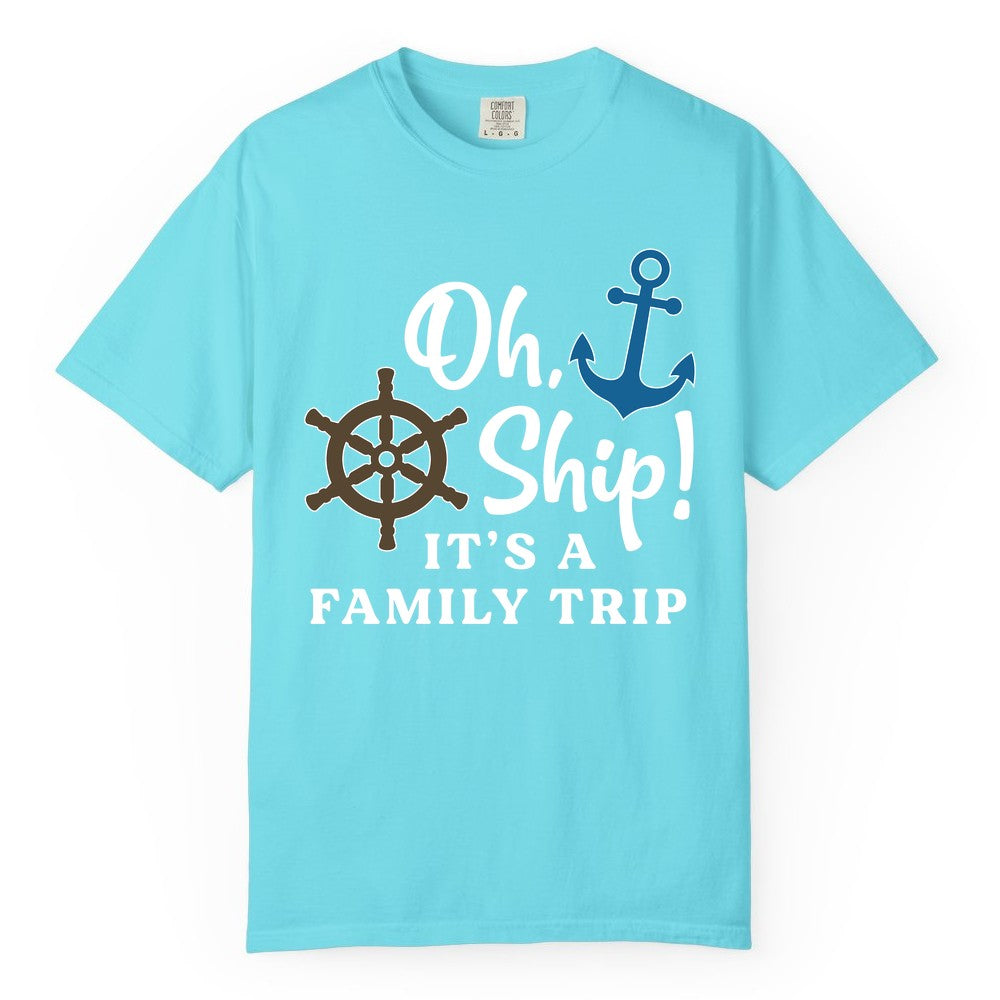 Family Cruise Shirt - Nautical Cruise Vacation Shirt for Families (Comfort Color) in Lagoon Blue - Oh Ship It’s a Family Trip Nautical Cruise Shirt with Marine Icons