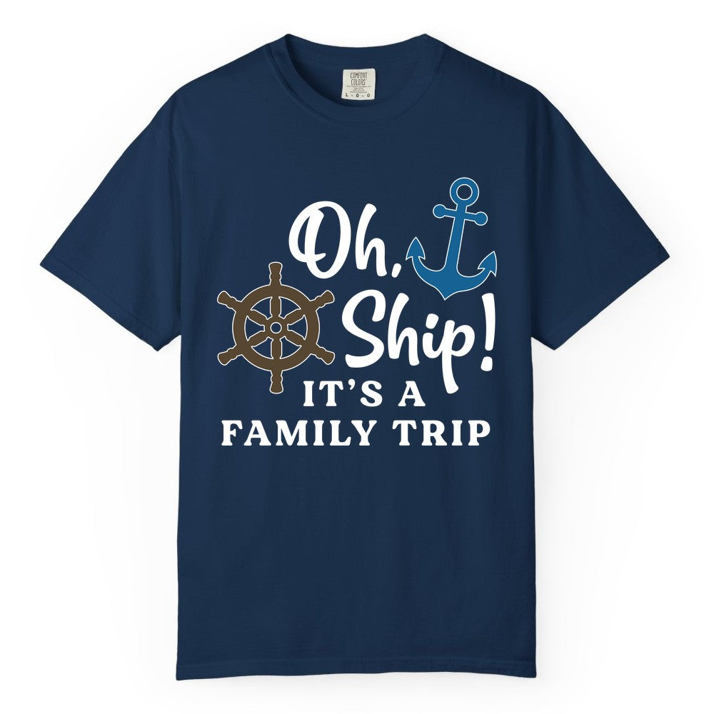 Family Cruise Shirt - Nautical Cruise Vacation Shirt for Families (Comfort Color) in Navy - Oh Ship It’s a Family Trip Nautical Cruise Shirt with Marine Icons