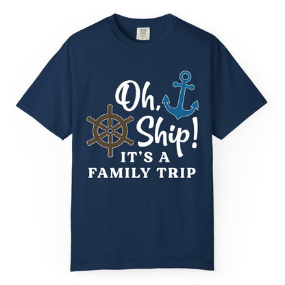 Family Cruise Shirt - Nautical Cruise Vacation Shirt for Families (Comfort Color) in Navy - Oh Ship It’s a Family Trip Nautical Cruise Shirt with Marine Icons