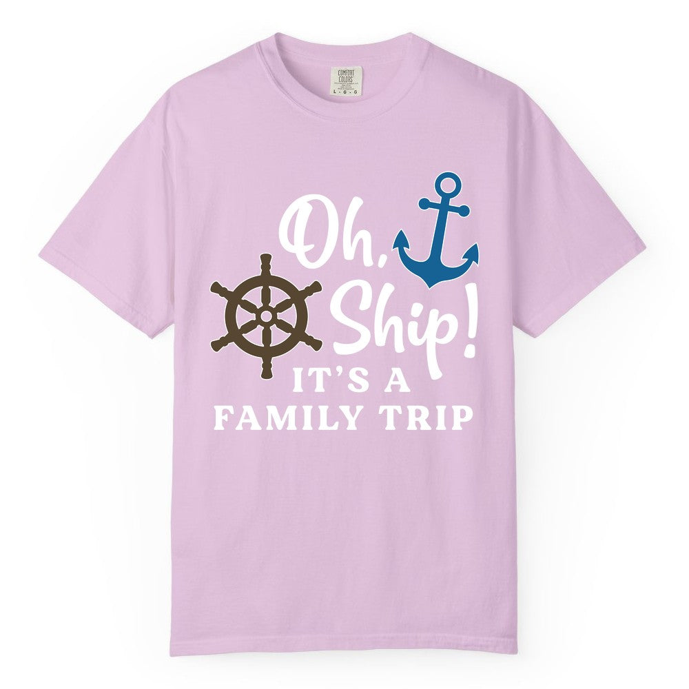 Family Cruise Shirt - Nautical Cruise Vacation Shirt for Families (Comfort Color) in Orchid - Oh Ship It’s a Family Trip Nautical Cruise Shirt with Marine Icons