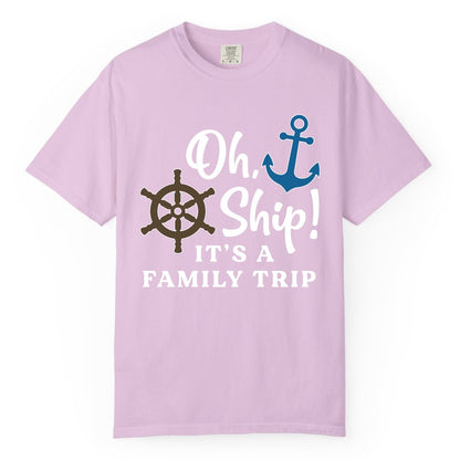 Family Cruise Shirt - Nautical Cruise Vacation Shirt for Families (Comfort Color) in Orchid - Oh Ship It’s a Family Trip Nautical Cruise Shirt with Marine Icons