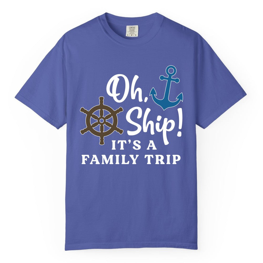 Family Cruise Shirt - Nautical Cruise Vacation Shirt for Families (Comfort Color) in Periwinkle - Oh Ship It’s a Family Trip Nautical Cruise Shirt with Marine Icons
