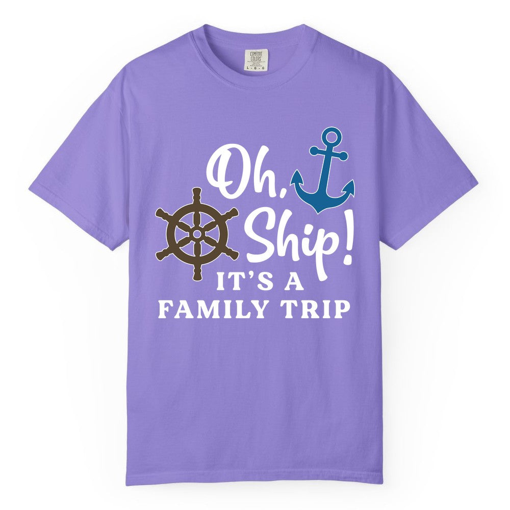 Family Cruise Shirt - Nautical Cruise Vacation Shirt for Families (Comfort Color) in Violet - Oh Ship It’s a Family Trip Nautical Cruise Shirt with Marine Icons