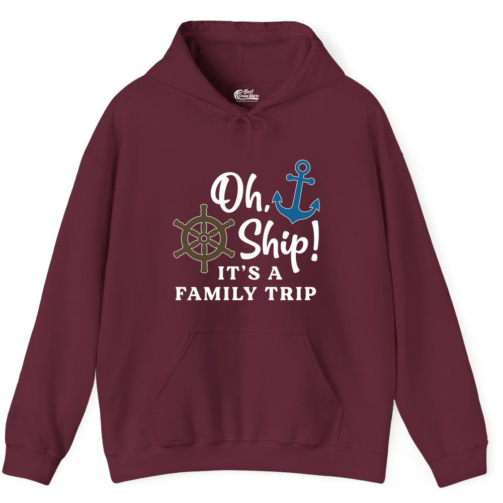 Family Cruise Shirt - Nautical Cruise Vacation Shirt for Families (Hoodie) in Maroon - Oh Ship It’s a Family Trip Nautical Cruise Shirt with Marine Icons