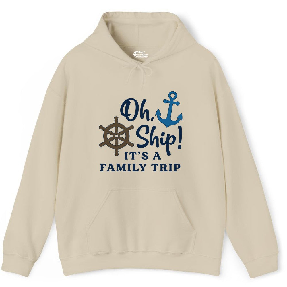 Family Cruise Shirt - Nautical Cruise Vacation Shirt for Families (Hoodie) in Sand - Oh Ship It’s a Family Trip Nautical Cruise Shirt with Marine Icons