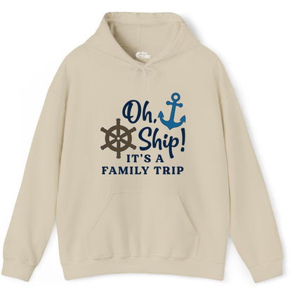 Family Cruise Shirt - Nautical Cruise Vacation Shirt for Families (Hoodie) in Sand - Oh Ship It’s a Family Trip Nautical Cruise Shirt with Marine Icons