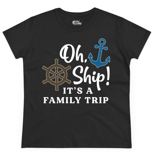Family Cruise Shirt - Nautical Cruise Vacation Shirt for Families (Ladies Tee) in Black - Oh Ship It’s a Family Trip Nautical Cruise Shirt with Marine Icons
