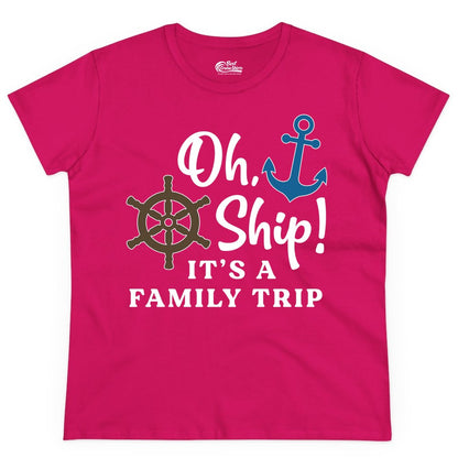 Family Cruise Shirt - Nautical Cruise Vacation Shirt for Families (Ladies Tee) in Heliconia - Oh Ship It’s a Family Trip Nautical Cruise Shirt with Marine Icons