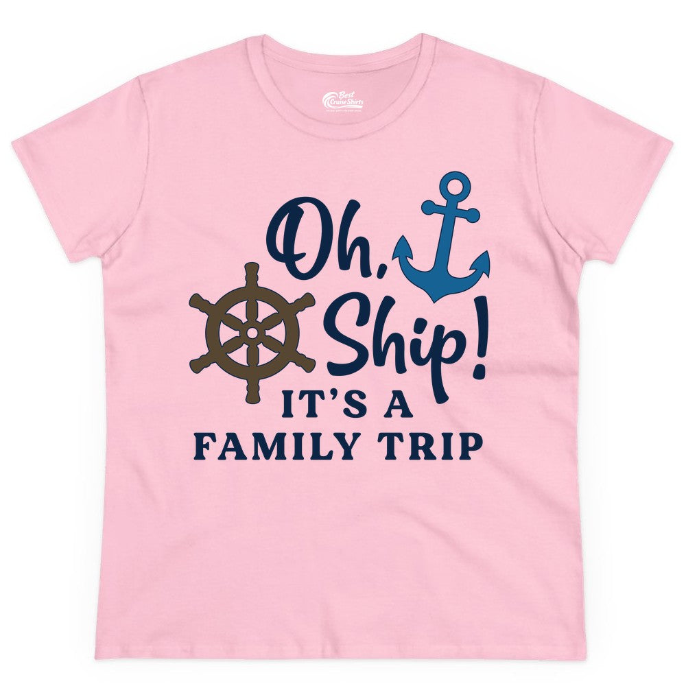 Family Cruise Shirt - Nautical Cruise Vacation Shirt for Families (Ladies Tee) in Light Pink - Oh Ship It’s a Family Trip Nautical Cruise Shirt with Marine Icons