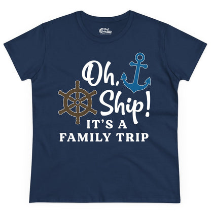 Family Cruise Shirt - Nautical Cruise Vacation Shirt for Families (Ladies Tee) in Navy - Oh Ship It’s a Family Trip Nautical Cruise Shirt with Marine Icons