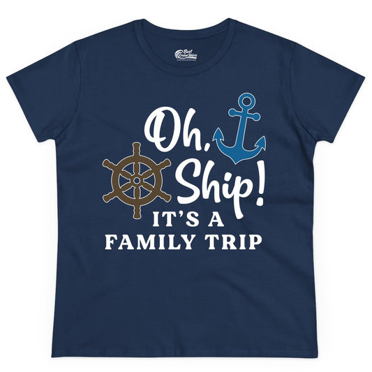 Family Cruise Shirt - Nautical Cruise Vacation Shirt for Families (Ladies Tee) in Navy - Oh Ship It’s a Family Trip Nautical Cruise Shirt with Marine Icons