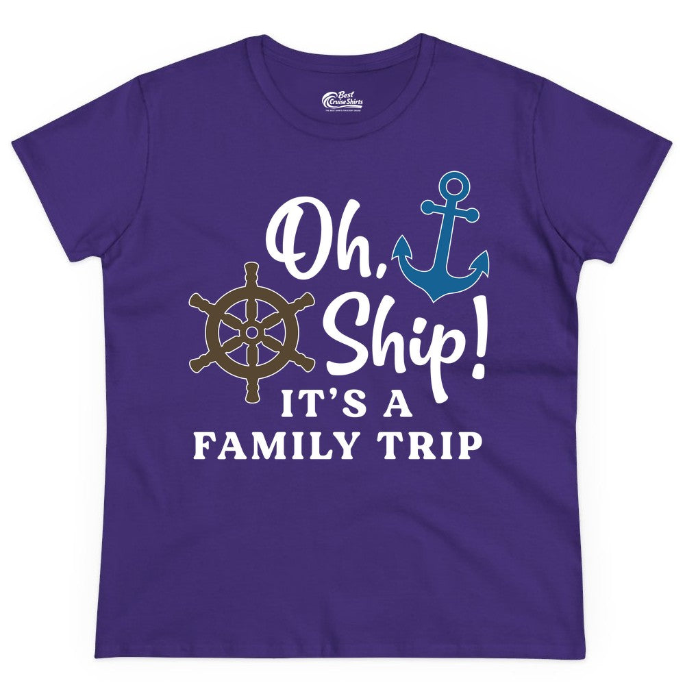 Family Cruise Shirt - Nautical Cruise Vacation Shirt for Families (Ladies Tee) in Purple - Oh Ship It’s a Family Trip Nautical Cruise Shirt with Marine Icons