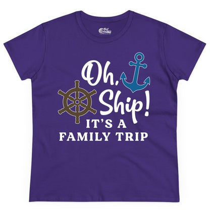 Family Cruise Shirt - Nautical Cruise Vacation Shirt for Families (Ladies Tee) in Purple - Oh Ship It’s a Family Trip Nautical Cruise Shirt with Marine Icons