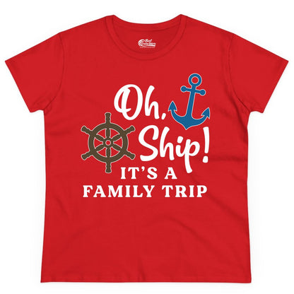 Family Cruise Shirt - Nautical Cruise Vacation Shirt for Families (Ladies Tee) in Red - Oh Ship It’s a Family Trip Nautical Cruise Shirt with Marine Icons