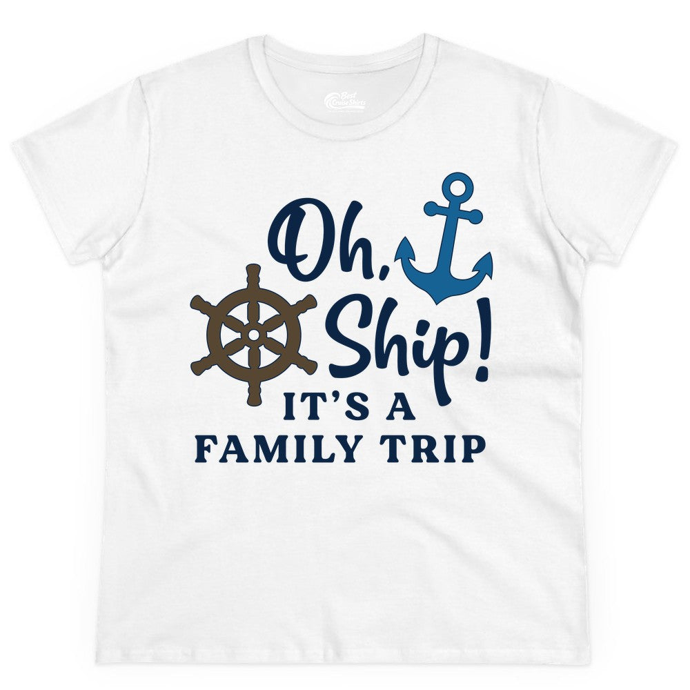Family Cruise Shirt - Nautical Cruise Vacation Shirt for Families (Ladies Tee) in White - Oh Ship It’s a Family Trip Nautical Cruise Shirt with Marine Icons