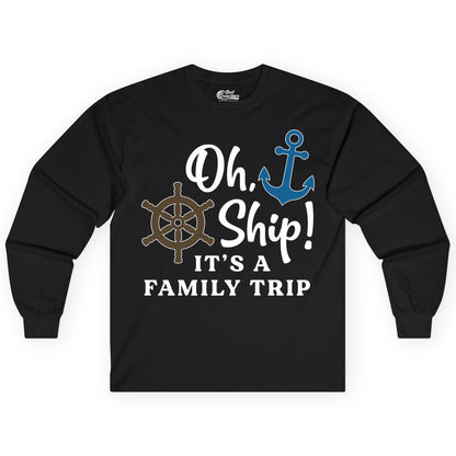 Family Cruise Shirt - Nautical Cruise Vacation Shirt for Families (Long Sleeve) in Black - Oh Ship It’s a Family Trip Nautical Cruise Shirt with Marine Icons