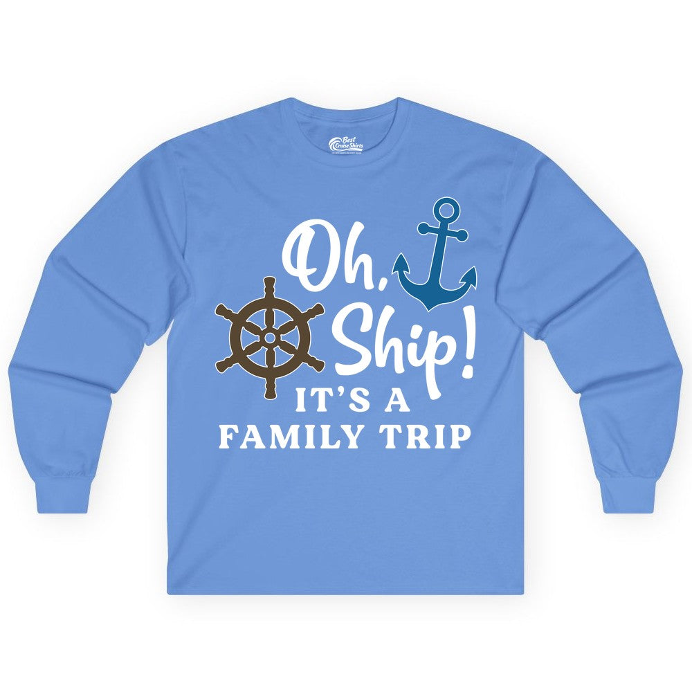 Family Cruise Shirt - Nautical Cruise Vacation Shirt for Families (Long Sleeve) in Carolina Blue - Oh Ship It’s a Family Trip Nautical Cruise Shirt with Marine Icons