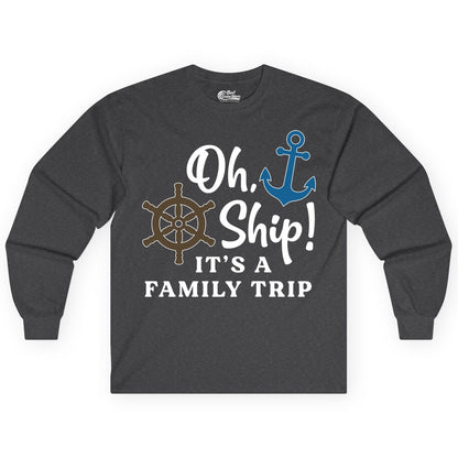 Family Cruise Shirt - Nautical Cruise Vacation Shirt for Families (Long Sleeve) in Dark Heather - Oh Ship It’s a Family Trip Nautical Cruise Shirt with Marine Icons
