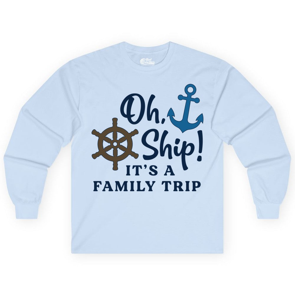 Family Cruise Shirt - Nautical Cruise Vacation Shirt for Families (Long Sleeve) in Light Blue - Oh Ship It’s a Family Trip Nautical Cruise Shirt with Marine Icons