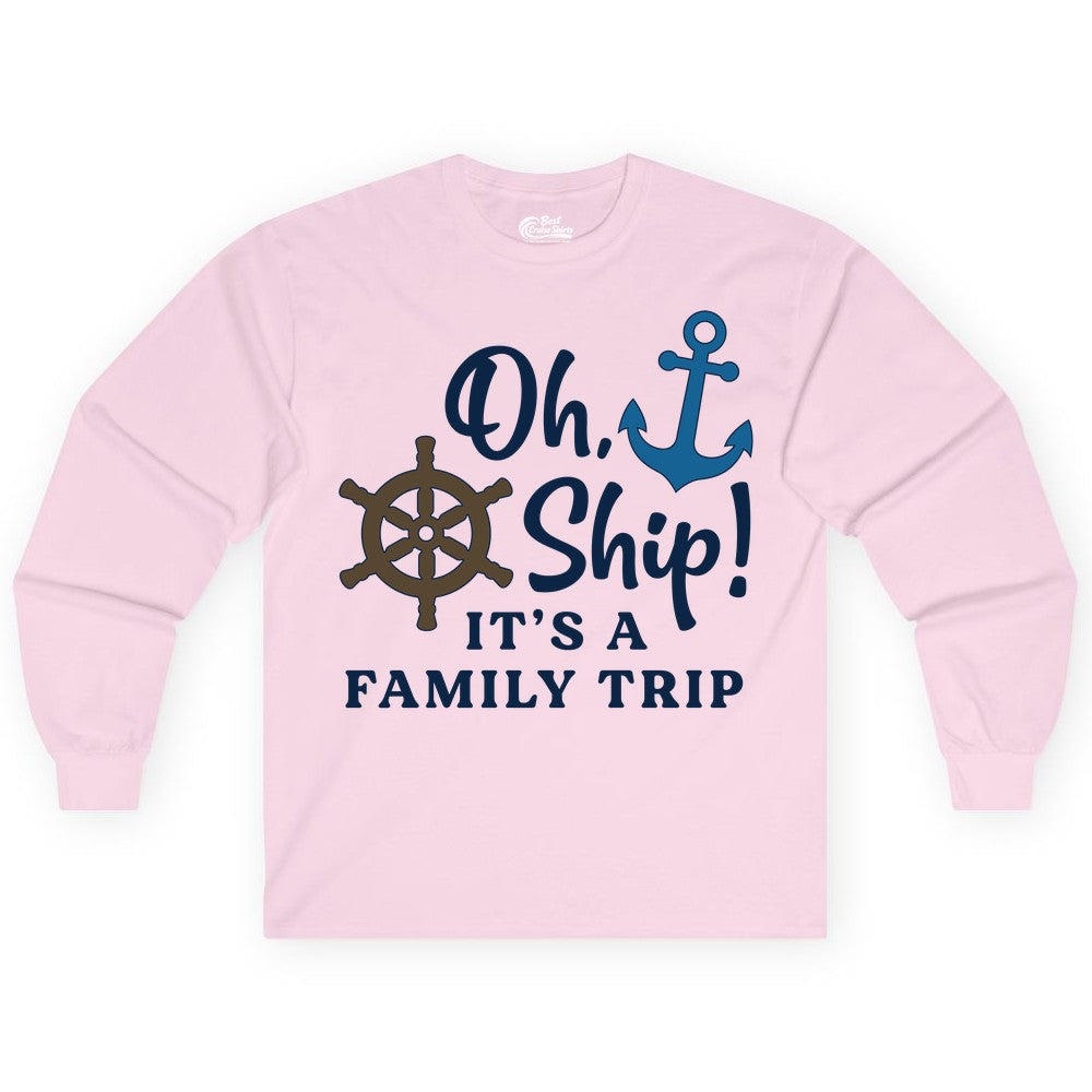 Family Cruise Shirt - Nautical Cruise Vacation Shirt for Families (Long Sleeve) in Light Pink - Oh Ship It’s a Family Trip Nautical Cruise Shirt with Marine Icons