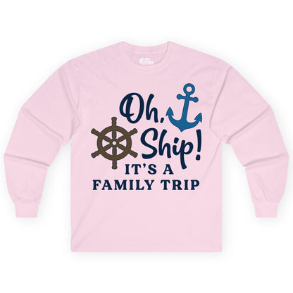 Family Cruise Shirt - Nautical Cruise Vacation Shirt for Families (Long Sleeve) in Light Pink - Oh Ship It’s a Family Trip Nautical Cruise Shirt with Marine Icons