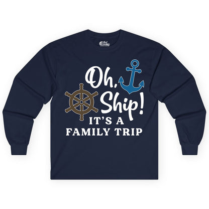 Family Cruise Shirt - Nautical Cruise Vacation Shirt for Families (Long Sleeve) in Navy - Oh Ship It’s a Family Trip Nautical Cruise Shirt with Marine Icons