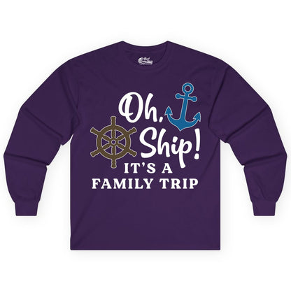 Family Cruise Shirt - Nautical Cruise Vacation Shirt for Families (Long Sleeve) in Purple - Oh Ship It’s a Family Trip Nautical Cruise Shirt with Marine Icons
