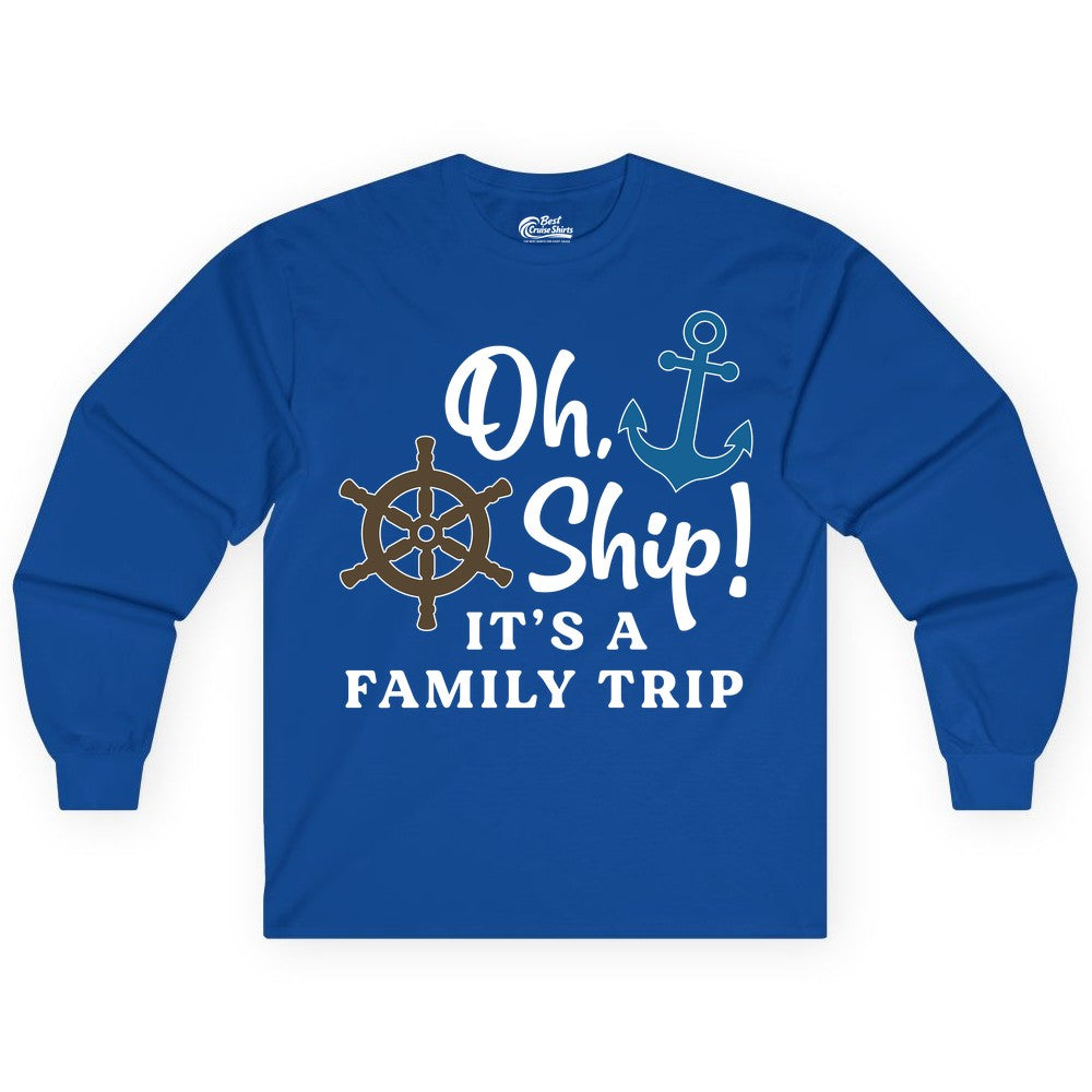 Family Cruise Shirt - Nautical Cruise Vacation Shirt for Families (Long Sleeve) in Royal - Oh Ship It’s a Family Trip Nautical Cruise Shirt with Marine Icons