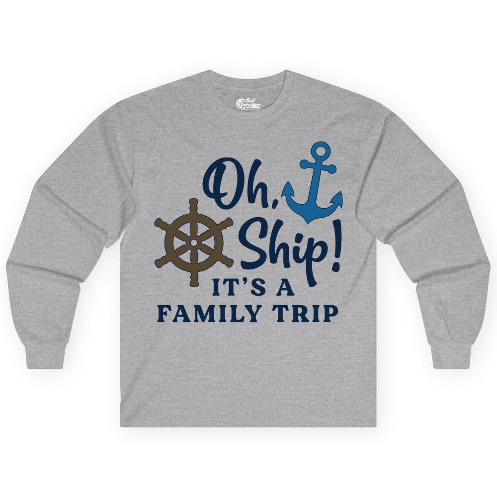 Family Cruise Shirt - Nautical Cruise Vacation Shirt for Families (Long Sleeve) in Sport Grey - Oh Ship It’s a Family Trip Nautical Cruise Shirt with Marine Icons