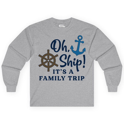 Family Cruise Shirt - Nautical Cruise Vacation Shirt for Families (Long Sleeve) in Sport Grey - Oh Ship It’s a Family Trip Nautical Cruise Shirt with Marine Icons