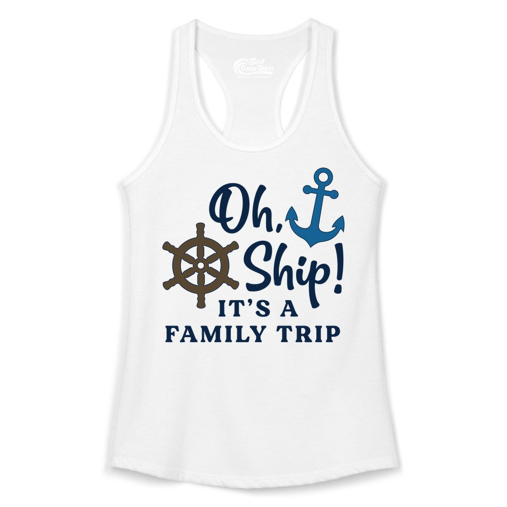 Family Cruise Shirt - Nautical Cruise Vacation Shirt for Families (Ladies Tank) in White - Oh Ship It’s a Family Trip Nautical Cruise Shirt with Marine Icons