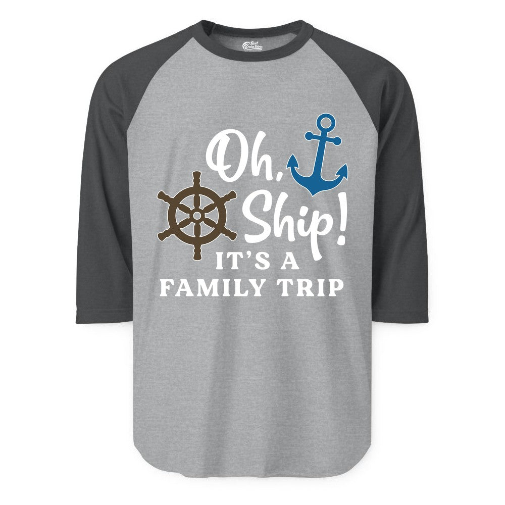 Family Cruise Shirt - Nautical Cruise Vacation Shirt for Families (Raglan) in Heather GreyHeather Charcoal - Oh Ship It’s a Family Trip Nautical Cruise Shirt with Marine Icons